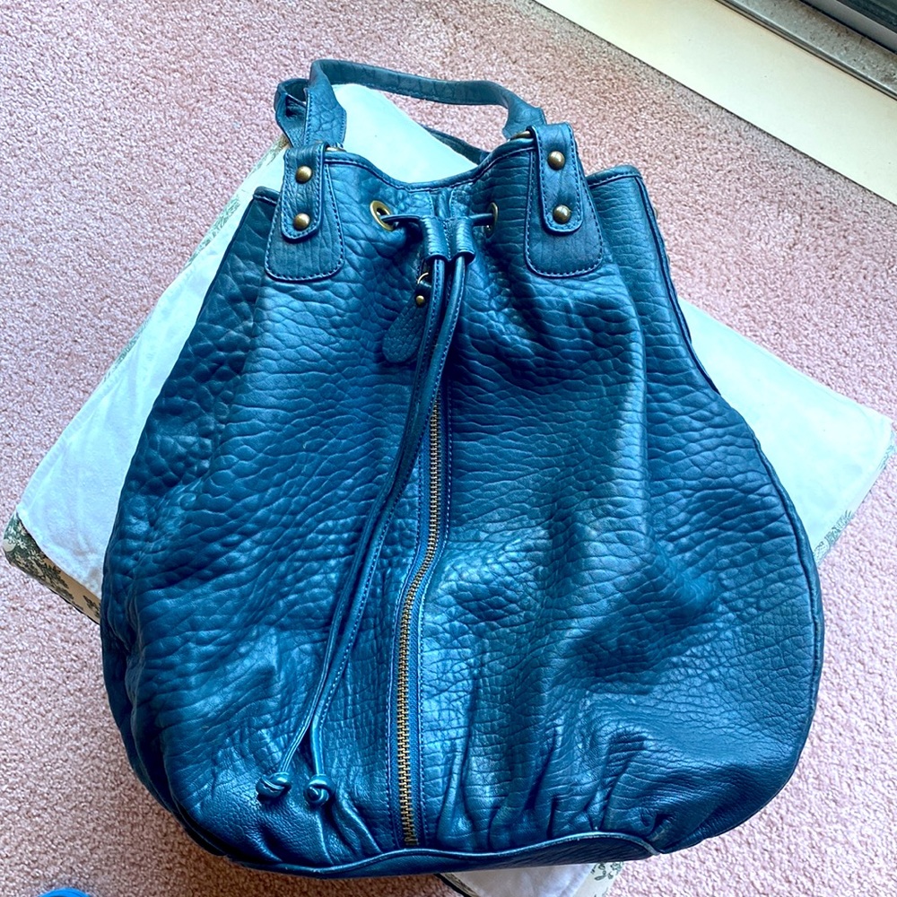 Nordstrom’s All Weather Sturdy Leather, Teal Colored Extra Large Tote Handbag.
